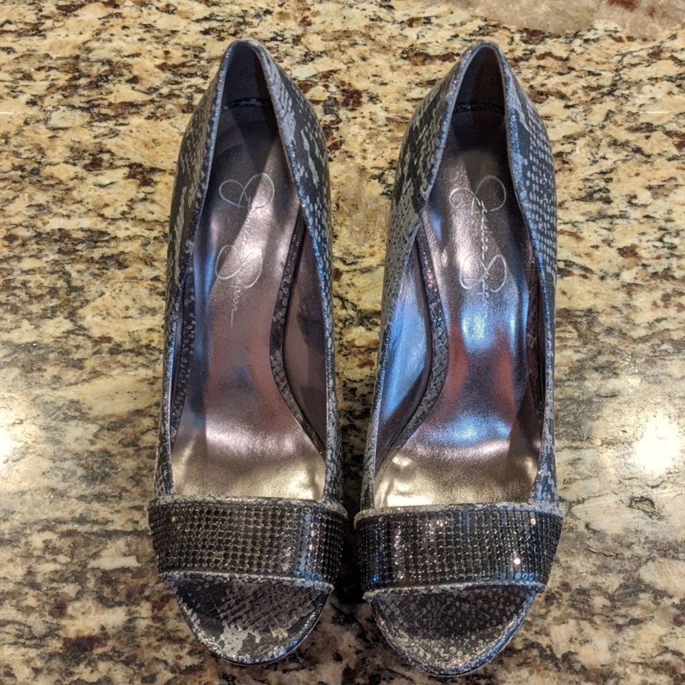 Jessica Simpson Silver Python Print Heels 8.5 - image 1